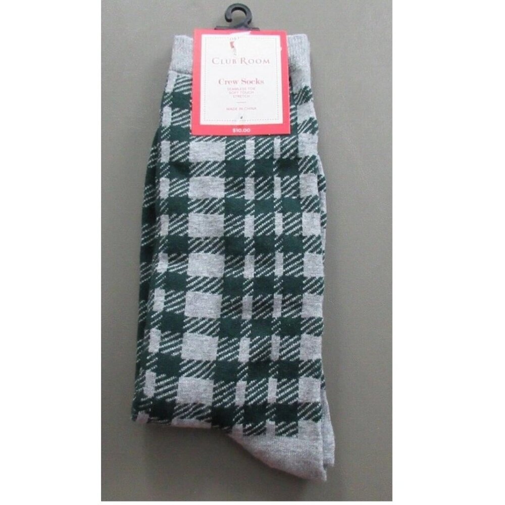 Club Room Men's 1-Pair Holiday Crew Socks, Green Gray Plaid, Shoe Size 7-12